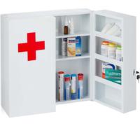 Relaxdays Armoire à Pharmacie XXL, verrouillable, 11 Compartiments, Acier, HxLxP: 53,5x53x19 cm, 2 Portes, Blanc - Rouge