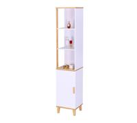 Armoire de salle de bain Relaxdays, H x L x P : 169x33x31 cm, 5 étagères, bambou, MDF, haute, étroite, blanc/nature.
