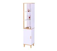 Relaxdays Armoire de Salle de Bain, H x L x P : 169x33x31 cm, 5 étagères, Bambou, MDF, Haute, étroite, Blanc/Nature.