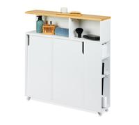 Relaxdays Armoire étroite, roulettes, 6 compartiments, porte-brosse WC, HLP : 79 x 17 x 75cm, MDF, bambou, blanc/naturel