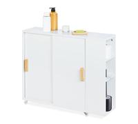 Relaxdays Armoire étroite Salle de Bain, 4 Compartiments, Porte-Brosse WC, HxLxP : 62 x 19,5 x 64 cm, MDF, Bambou, Blanc