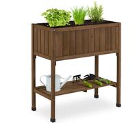 Relaxdays : bac surélevé, film plastique, tablette, H x L x P : 80 x 74 x 38 cm, jardin, balcon et terrasse, table de jardinage, bois de sapin, marron