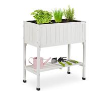Relaxdays : bac surélevé, film plastique, tablette, H x L x P : 80 x 74 x 38 cm, jardin, balcon et terrasse, table de jardinage, bois de sapin, blanc