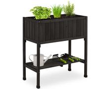 Relaxdays : bac surélevé, film plastique, tablette, H x l x P : 80 x 74 x 38 cm, jardin, balcon et terrasse, table de jardinage, bois de sapin, noir