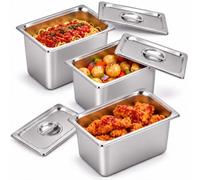 Relaxdays Bacs gastro, argentés | lot de 3, inox, GN 1/4, avec couvercle, H x L x P : 20 x 26,5 x 16,2 cm, cuisine