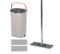 Relaxdays Balai Plat, Seau 5 L avec essorage, 2 Compartiments, Gris | H x L x P : 39 x 19 x 24,5 cm, 2 pads microfibre