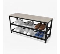 Relaxdays Banc à Chaussures, 8 Paires, H45×L100×P30 cm, 2 étagères grillagées, Assise Aspect Bois, Marron Clair/Noir