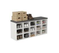 Relaxdays Banc à Chaussures, Coussin Amovible et 15 Compartiments, Couloir, Chambre, étagère à Chaussures, Blanc/Gris