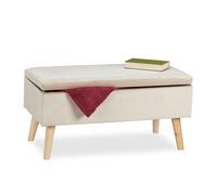 Relaxdays banc coffre 2 places avec rangement 40 L, revêtement velours, rembourré, pieds bois, 41 x 80 x 40 cm, crème