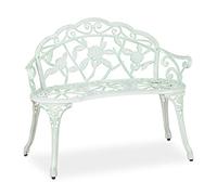 Banc de jardin Relaxdays, 2 places, motif roses, terrasse, balcon, aluminium et fonte, banc de style ancien, 78 x 98 x 55,5 cm, blanc/vert