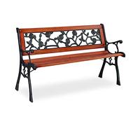 Relaxdays Banc de Jardin, Motif Roses, 2 sièges, Bois, Fonte, Balcon, terrasse, HxLxP 73 x 125 x 52,5 cm, Nature/Vert