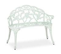 Banc de jardin Relaxdays, 2 places, motif roses, terrasse, balcon, aluminium et fonte, banc de style ancien, 78 x 98 x 55,5 cm, blanc/vert