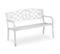 Relaxdays Banc de Jardin, Solide, en métal, siège avec Dossier en Fonte pour l’extérieur, 86 x 127 x 57cm, Blanc/Bronze