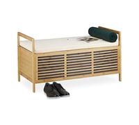 Relaxdays Banc de rangement en bambou tabouret de salle de bain avec assise HxlxP: 46 x 93 x 50 cm siège avec coussin repose-pieds, nature