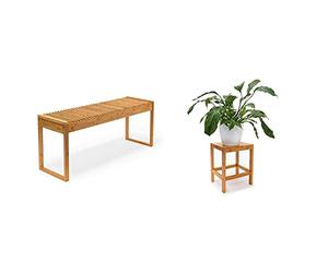 Relaxdays Banc en Bambou HxlxP : 47 x 120 x 33 cm Banquette Jardin Terrasse Balcon 3-4 Places entrée Couloir, Marron & Tabouret en Bambou Table pour Plantes Tabouret Salle de Bain HxlxP: 40x28x32 cm