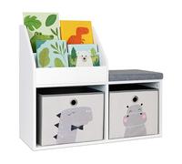 Relaxdays Banc pour Enfants avec Rangement, 72 x 79 x 31 cm, 2 boîtes Pliantes Animaux, Coussin, Blanc/Gris