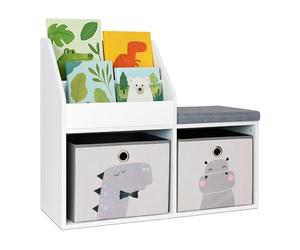 Relaxdays Banc pour Enfants avec Rangement, 72 x 79 x 31 cm, 2 boîtes Pliantes Animaux, Coussin, Blanc/Gris