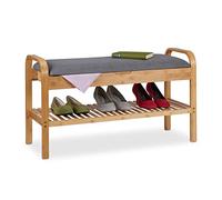 Relaxdays Banquette à Chaussures, 4 Paires, HxLxP 50x90x33 cm, Assise matelassée, Espace Rangement, Bambou, Nature/Gris