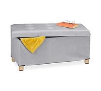 Relaxdays Banquette de Rangement, Couvercle matelassé, revêtement Velours, Pieds en Bois, HLP : 34x76x38 cm, Gris Clair