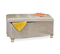 Relaxdays Banquette de Rangement, Couvercle matelassé, revêtement Velours, Pieds en Bois, HLP : 34x76x38 cm, crème