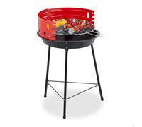 Relaxdays Barbecue charbon de bois tripode, Ø 42 cm, Grill rond sur 3 pieds, Protection contre le vent, noir/rouge