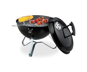 Relaxdays Barbecue portable, grill rond, Ø 37 cm, pour table, jardin, balcon, avec couvercle, bac à charbon, noir