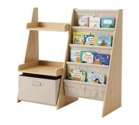 Relaxdays bibliothèque Enfant 3-en-1, 7 Poches Tissu, Blanc/Naturel | 2 étagères, bac, H x L x P : 80 x 84,5 x 34,5 cm