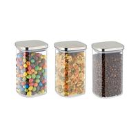 Relaxdays Bocal en verre, avec couvercle, lot pratique de 3, 1200 ml, rectangulaire, hermétique, transparent et argenté