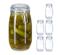 Relaxdays Bocal en Verre en Set de 6, 1,5 L, Couvercle, Fermeture mécanique, pour Conservation et Rangement, Transparent