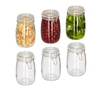 Relaxdays Bocal en Verre, Set de 6, 1 L, Couvercle, Fermeture mécanique, pour Conserver et Ranger, Transparent