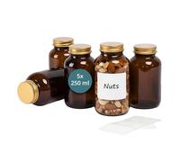 Relaxdays Lot de 5 Bocaux en Verre ambré 250 ML avec couvercles et étiquettes, pour Herbes, épices et médicaments