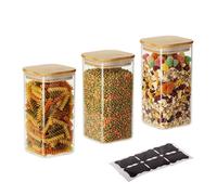 Relaxdays Bocaux en verre avec couvercle bambou lot de 3 carrés 1500 ml hermétiques transparents/marron clair