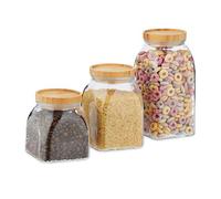 Relaxdays bocaux en verre lot de 3, 600,1000,1400 ml, pour céréales, pâtes, couvercle en bambou, transparent/nature