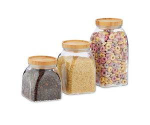 Relaxdays bocaux en verre lot de 3, 600,1000,1400 ml, pour céréales, pâtes, couvercle en bambou, transparent/nature