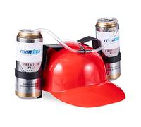 Relaxdays- Boisson de Fête, Casque à Tube, 2 Canettes de Bière, Article Drôle Carnaval Football, Rouge, Adulte Unisexe, 10022789_47, HLP 13 x 32 x 28 cm