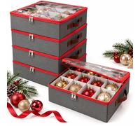 Relaxdays Boîte à Boules de Noël, Lot de 4, Gris/Rouge | 16 boules chacune, H x L x P : 9 x 33 x 33 cm, polyester, carton