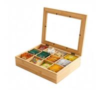 Relaxdays boîte à thé, Bambou, 12 Compartiments, Rangement sachets, fenêtre, H x L x P: 8 x 28 x 23 cm, Naturel