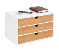 Relaxdays Boîte à tiroirs, blanche/marron clair | Mini-commode de bureau, bambou et MDF, H x L x P : 20 x 33 x 21 cm, 3 compartiments coulissants, papeterie, cosmétiques