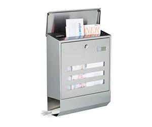 Relaxdays Boîte aux lettres compartiment journaux inox design mural avec nom et fenêtre HxlxP: 42 x 35 x 12,5 cm, argenté