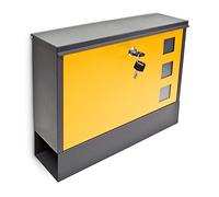 Relaxdays Boîte aux lettres murale, HLP : 30 x 36 x 10 cm, compartiment à journaux, porte-courrier, métal, noir/jaune