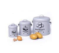 Relaxdays Boîte de conservation pour pommes de terre, oignons et ail, 3 pièces, avec couvercle et aérations, métal, gris
