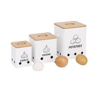 Relaxdays Boîte de Conservation pour Pommes de Terre, oignons et ail, 3 pièces, métal, Couvercle en Bambou, Blanche.