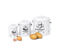 Relaxdays Boîte de conservation pour pommes de terre, oignons et ail, lot de 3, avec couvercle, aérations, métal, blanc