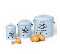 Relaxdays Boîte de conservation pour pommes de terre, oignons et ail, lot de 3, métal, pot à oignons, bleu clair