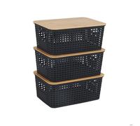 Relaxdays boîte de rangement, lot de 3, avec couvercle, plastique & bambou, poignées, 10,5x25,5x18 cm, organiseur, noir