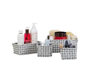 Relaxdays Boîte de rangement lot de 4 paniers plastique salle de bain tressé cosmétiques corbeille, blanc-gris