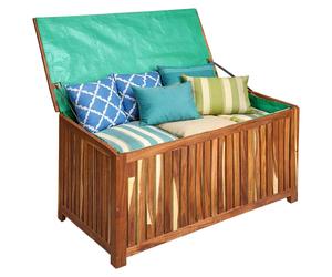 Relaxdays, boîte de rangement pour jardin, coussin de siège, outils, 60x90x50 cm, bois d'acacia, doublure imperméable, idéale pour balcon, coffre de jardin, aspect naturel