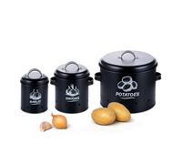 Relaxdays Boîte de rangement pour pommes de terre, oignons et ail, 3 pièces, avec couvercle et aération, métal, noir
