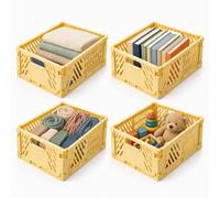Relaxdays boîte pliante, jaune | lot de 4, empilable, plastique, 2 prises, cuisine, chambre d'enfant, bureau