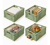 Relaxdays boîte pliante, sauge | lot de 4, empilable, plastique, 2 prises, cuisine, chambre d'enfant, bureau